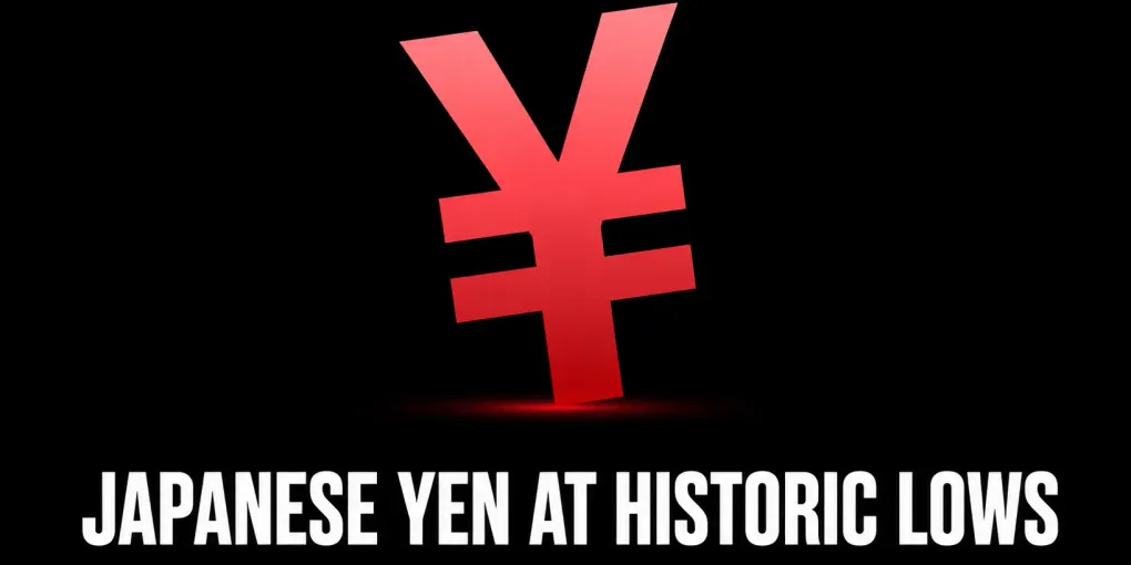 Japanese Yen at historic lows against the US Dollar with bearish forex chart showing the USD/JPY carry trade crisis in 2026