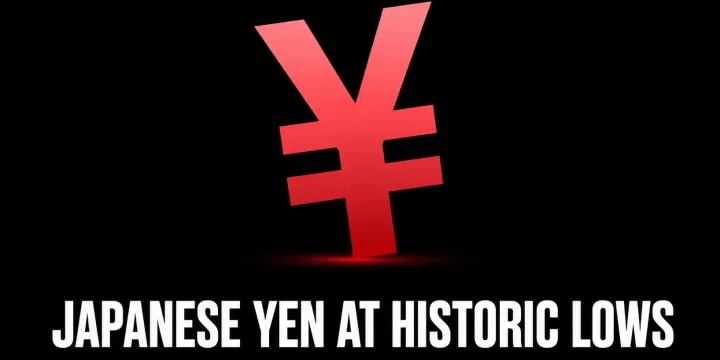 Japanese Yen at historic lows against the US Dollar with bearish forex chart showing the USD/JPY carry trade crisis in 2026