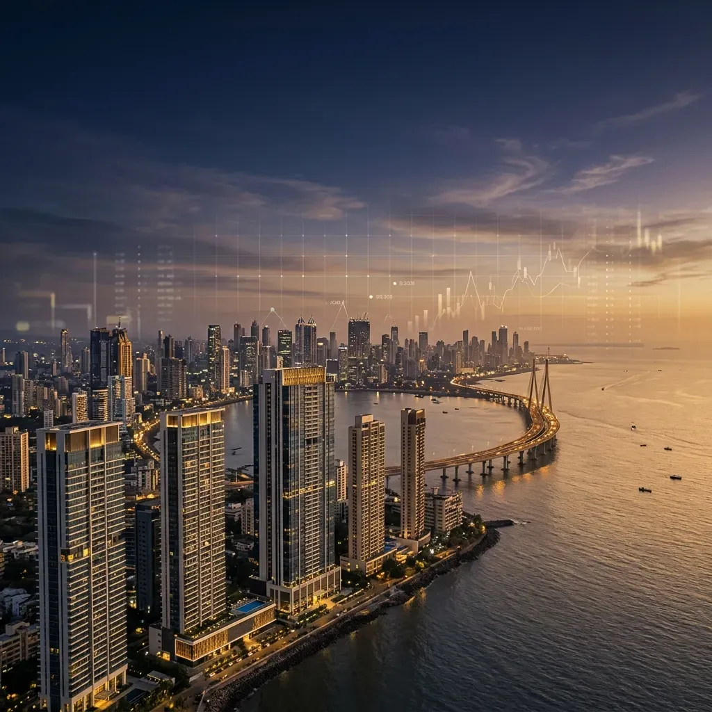 Mumbai skyline with premium luxury high-rise towers and financial data overlays representing Oberoi Realty analysis
