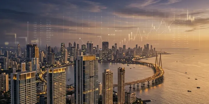 Mumbai skyline with premium luxury high-rise towers and financial data overlays representing Oberoi Realty analysis