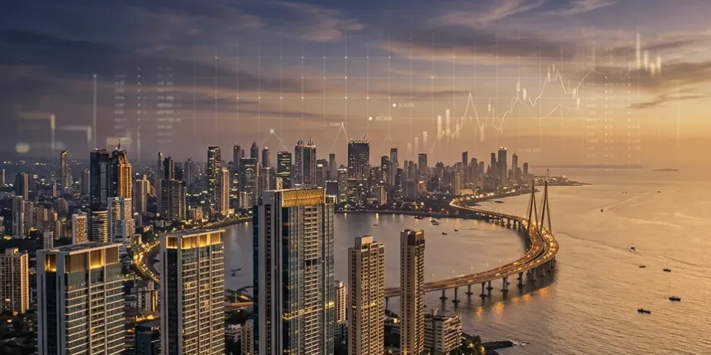 Mumbai skyline with premium luxury high-rise towers and financial data overlays representing Oberoi Realty analysis