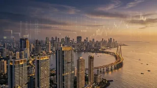 Mumbai skyline with premium luxury high-rise towers and financial data overlays representing Oberoi Realty analysis